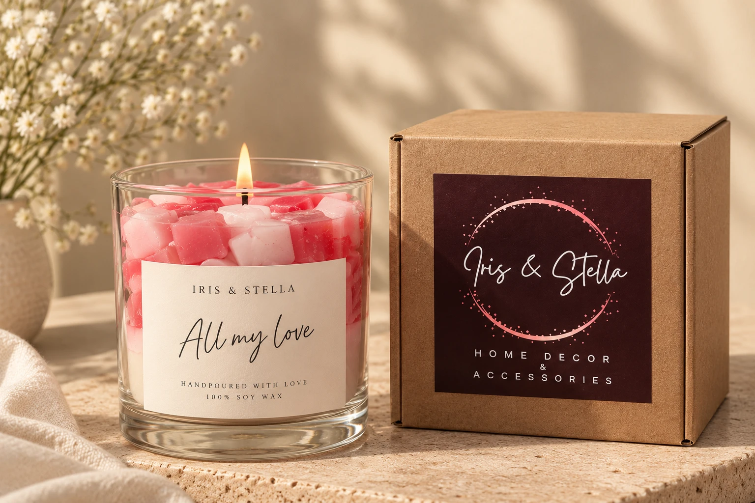 All My Love soy candle in Iris & Stella packaging