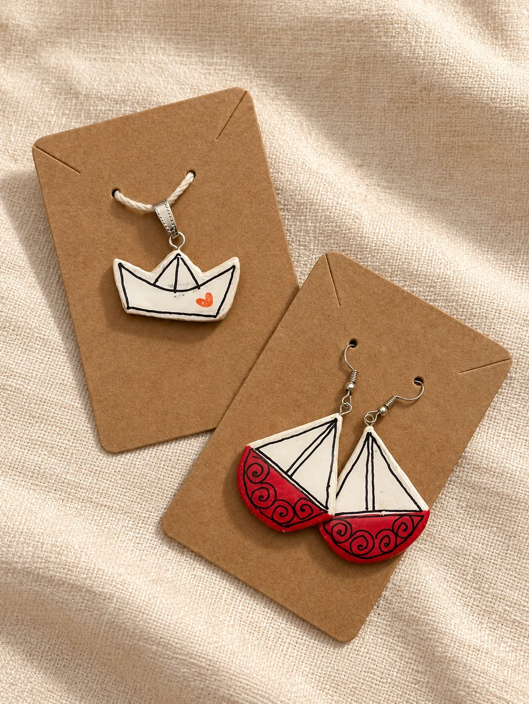 Paper boat clay pendant and earring set