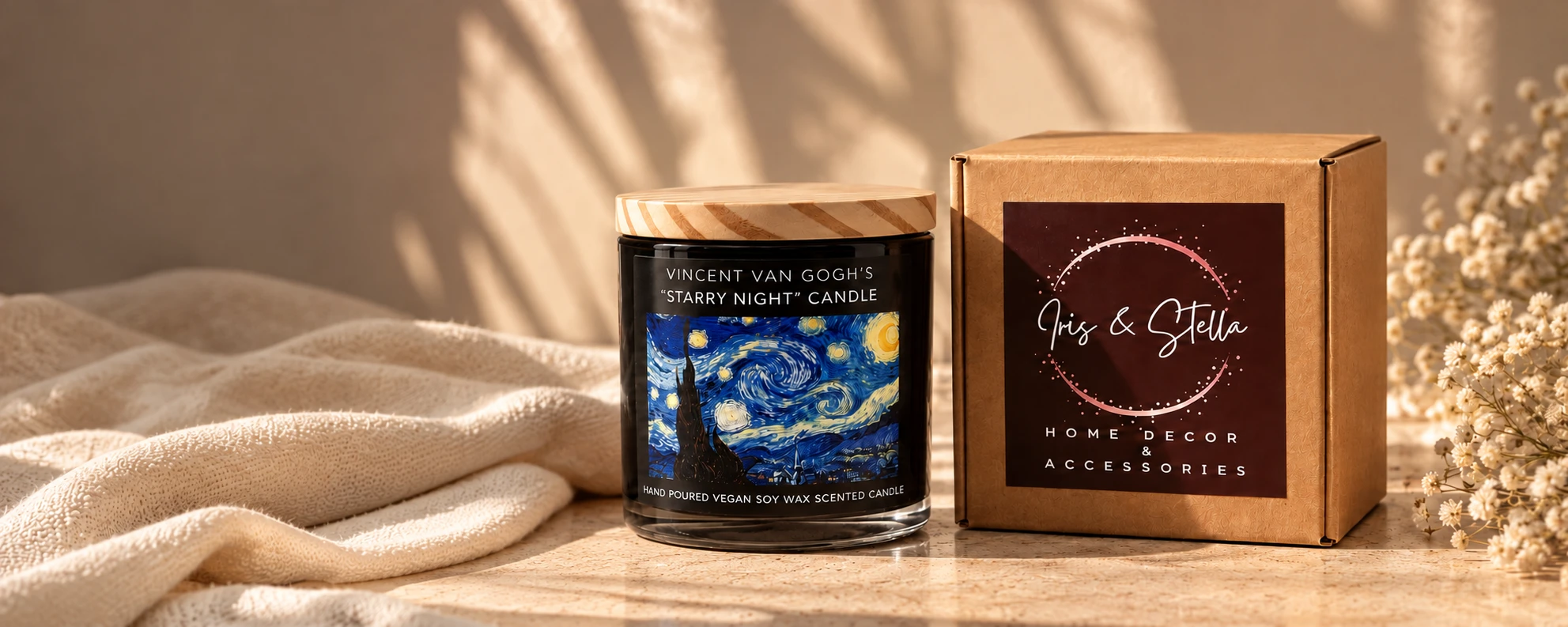 Starry Night soy candle in Iris & Stella packaging