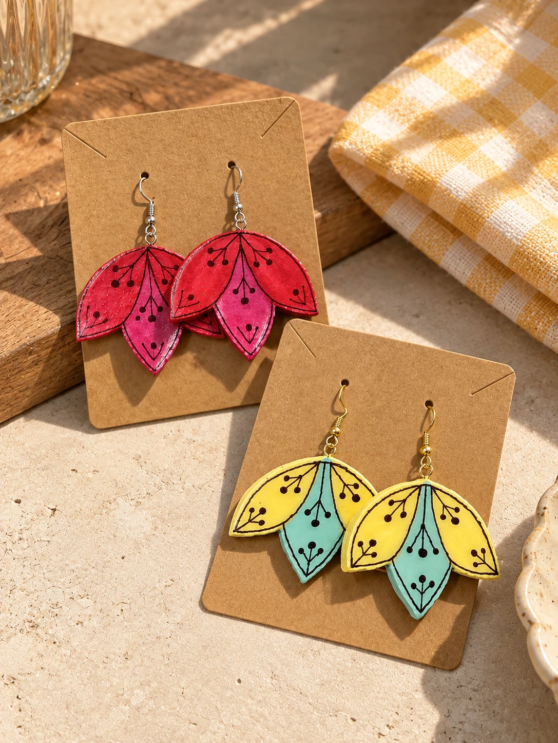 Hand-painted lotus clay earrings in pink and yellow